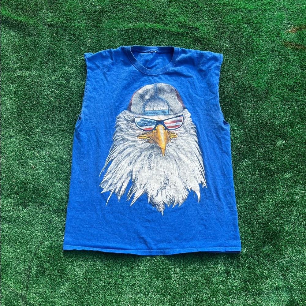 Vintage 90s Eagle Graphic Tank Top Blue & White Size L